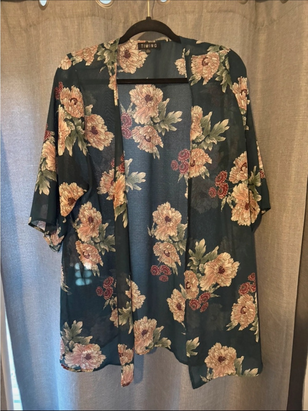 Timing Floral Sheer Kimono - Teal with Cream and Green